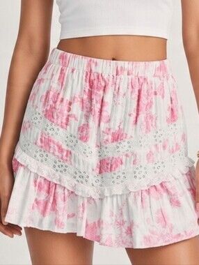 LoveShackFancy Cove Ruffle Lace Mini Skirt in Cotton Pink Cream sz MEDIUM